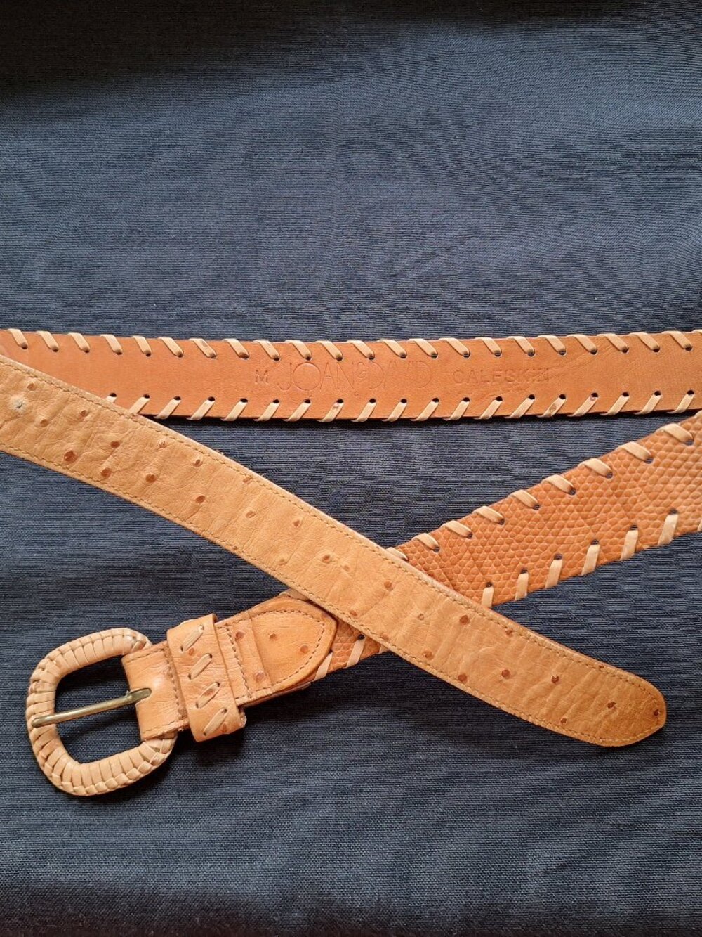 Joan & David Ostrich Leather Belt / Hand Stitched / Cream / 42"